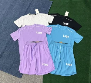 Mens Summer 2 Piece Sports Set 100% Polyester Gym Workout Fitness T Shirt Shorts Lightweight Activewear for Running Workout