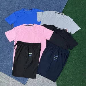 Men’s Summer 2-Piece Sports Set Skin-Friendly Quick Dry Short Sleeve T-Shirt & Shorts Lightweight Gym Running Activewear