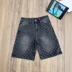 Men’s Summer Black All Over Printed Jacquard Denim Shorts Y2K Vintage Casual Eco Friendly Washed Straight Leg Mid Length