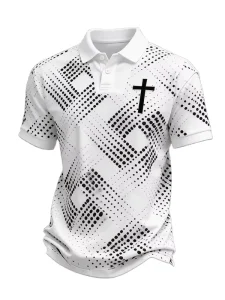 Men’s Summer Black Cross Dot Pattern Christian Polo Shirt Short Sleeve Golf Polo for Church and Casual Wear