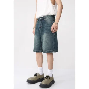 Men’s Summer Boot Cut Mid Waist Distressed Denim Shorts Cropped Pants Vintage American Loose Fit All-Match Fashion