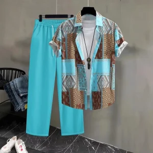 Men’s Summer Breathable Casual Style Shirt Set 3D Pattern Digital Printed Knitted Fabric Woven Ice Silk 100% Polyester Polo Neck