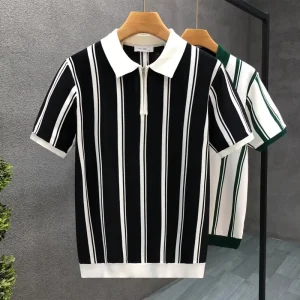Men’s Summer Business Polo Shirt Korean Style Breathable Ice Silk Material Youth Casual Vertical Stripe Knitted