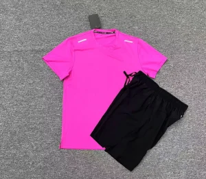 Men’s Summer Casual 2 Piece Solid Running Set Bright Blue QuickDry Four Way Stretch T Shirt Black Athletic Shorts Breathable