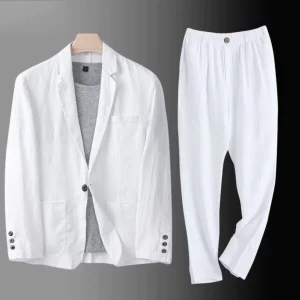 Men’s Summer Casual Cotton Linen Suit Set Single Breasted Jacket with Loose Top Sun Protection