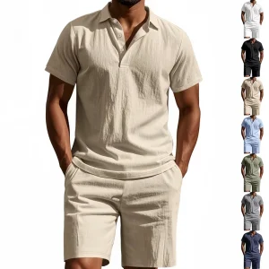Men’s Summer Casual Linen Shirt Set Breathable Loose Fit Solid Pattern with Matching Shorts for Beach 2 Piece Set