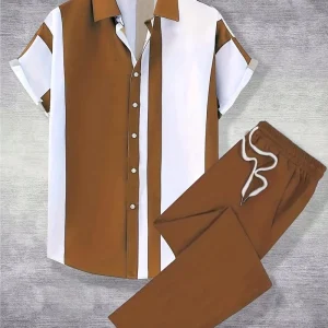 Men’s Summer Casual Short Sleeve Hawaiian Shirt and Long Pants Set 3D Digital Printing 100% Polyester