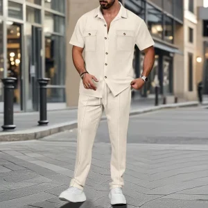 Men’s Summer Casual Solid Color Button Pocket Shirt Short Sleeved Pants Two Piece Set