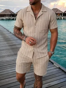 Men’s Summer Casual Solid Short Sleeve Shirt and Shorts Set, 100% Polyester, Rhinestone, Turn-Down Collar