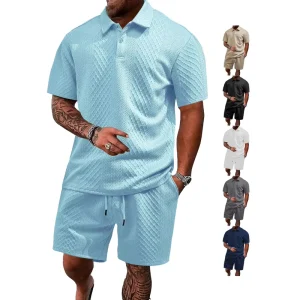 Men’s Summer Casual Sporty Breathable Lightweight Knitted 100% Polyester Printed Collared Polo Shirt Short Sleeve Set