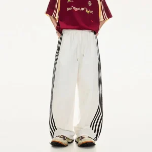 Men’s Summer Casual Track Pants American Style 3 Striped Trousers Loose Fit Elastic Waist Quick Dry Streetwear Pants