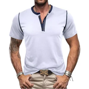 Men’s Summer Cotton Henley Shirt Short-Sleeved Button T-Shirt Solid Print Pattern Design Casual Formal Woven Fabric Slim Fit