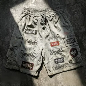 Men’s Summer Drawstring Knitted Bermuda Shorts Print Breathable Casual Cargo Distressed Cotton Shorts