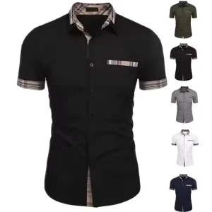 Men’s Summer Fashion Casual Cotton Short sleeved Shirts Solid color Button Lapel Pocket Breathable Casual Shirts