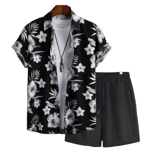 Men’s Summer Floral Printed Casual 2pcs Set Fast Dry Short Sleeve Plus Size Shirt & Shorts with Custom Logo Woven Weave