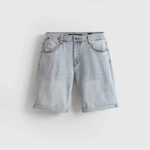 Men’s Summer Light Blue Wash Denim Shorts Loose Fit Casual Bermudas Knee Length Jeans with Rolled Hem