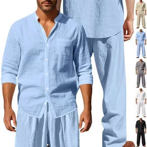 Men’s Summer Linen 2-Piece Outfit, Stand Collar Long Sleeve Shirt & Loose Pants Casual Beach Set in Plus Size