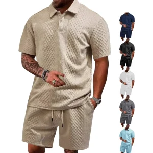 Men’s Summer New European and American Jacquard Fabric Men’s Casual Sportswear Thin Lapel Polo Shirt Short Sleeved Set
