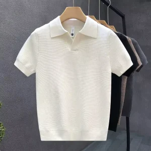Men’s Summer New Knit Lyocell Notch Collar Short Sleeve Knitwear Ice Cool Slim Fit Anti Wrinkle POLO Shirt