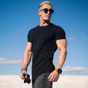Men’s Summer Sports T-Shirt Solid Color Muscle Crewneck 180 Grams Breathable Fitness Cotton Short Sleeve For Running Training