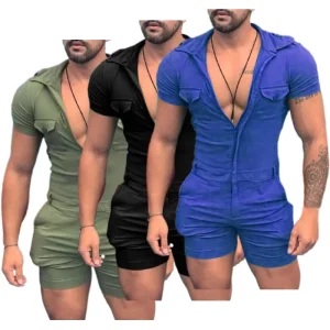 Mens Summer Sportswear Slim Fit Zipper Bodycon Short Casual Sport Jumpsuits