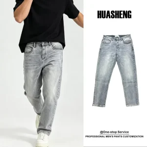 Men’s Summer Straight Casual Pants Comfortable Fashion Gray Elastic Cotton Jeans Solid Denim Medium Quality Business
