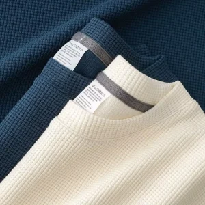 Men’s Summer Vintage T-Shirt Waffle Knit Neck Short Sleeve Regular Fit 100% Cotton Quick Dry Solid Pattern Casual