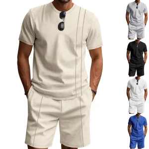 Men’s Summer Waffle Knit Polyester Short Sleeve Round Neck T Shirt and Shorts Set Loose Fit Casual Two Piece OEM