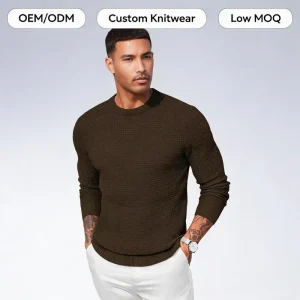 Men’s Sweater Custom Knitwear OEM ODM Waffle Knit Textured Crew Neck Long Sleeve Pullover Low MOQ