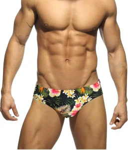 Men’s Swim Trunks Low Waist Sexy Triangle Floral Digital Printed Spandex Nylon Breathable for Hot Springs