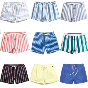 Men’s Swimwear Beach Shorts 100% Nylon Quick-Dry Sporty Loose Fit Large Size Colorful Stripes Pattern Drawstring Closure
