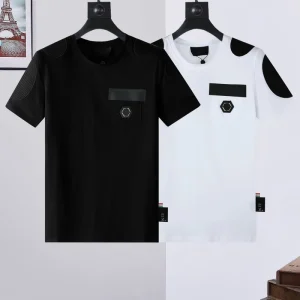 Men’s T shirt PP Top Slim fitting Short sleeved Comfortable High quality Pure Cotton Round Neck Leather Stitching