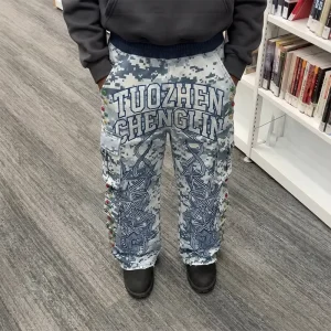 Men’s Tactical Fit Casual Running Breathable Eco Friendly Canvas Sweatpants Zipper Fly Lightweight Camouflage Print Rhinestone