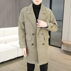 Men’s Textured Double Breasted Overcoat Tan Lapel Mid-Length Casual Business Winter Coat OEM Custom Factory