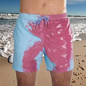Men’s Thermochromic Board Shorts Color Changing Swim Trunks Hexagonal Temperature Sensitive Beach Surf Swimwear Color Changing