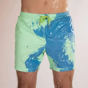 Men’s Thermochromic Board Shorts Color Changing Swim Trunks Hexagonal Temperature Sensitive Beach Surf Swimwear Color Changing