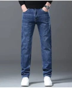 Men’s Thickened Denim Jeans Solid Pattern Casual Pants Loose Elastic Medium Wash Winter