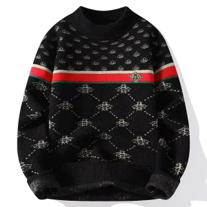 Men’s Thickened Jacquard Knitted Patchwork Sweater Rabbit Fur Blend Pullover Front