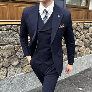 Men’s Three Piece Single Breasted Slim Fit Business Suit Worsted Fabric Anti shrink for Formal Events Banquets