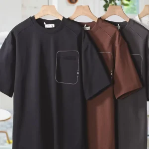 Men’s Trendy Brand Short Sleeve O-Neck Collar Regular Fit T-Shirt Casual Knitted Top Pocket Blank Solid