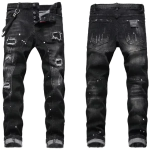 Men’s Trendy Straight Jeans Broken Hole Scraped Style Light Washed with Paint Spatter Stretch Denim Jeans Pants for Men