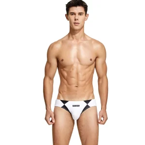 Men’s Triangle Swimming Shorts Spandex Nylon Digital Printing Fashion Color Matching Sexy Low Waist Drawstring