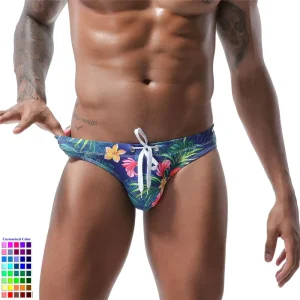 Men’s Tropical Print Swim Briefs Adjustable Drawstring Ventilated Quick Dry Swimwear Custom Swim Trunks for Gym Pool Beach