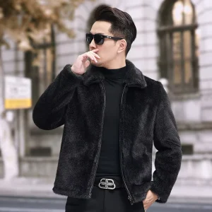 Men’s Turn down Collar Thick Eco Friendly Polyester Golden Artificial Fur Long One Piece Coat with Zipper Closure