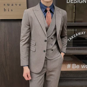 Men’s Tuxedo Suits Single Breasted Peaked Collar Men’s Striped Suit Business Slim Fit Suit Three Piece Set
