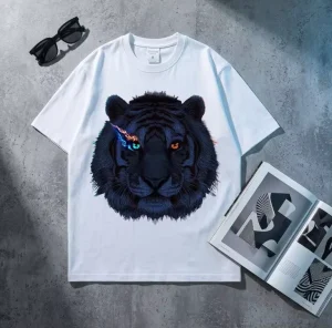 Men’s Unisex Oversized 100% Cotton 280 Grams Blue Tiger Head Graphic T-Shirt Mystic Glowing Eye Print Tee Vintage Streetwear