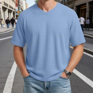 Men’s V neck Raglan Cotton Blend T Shirt Waffle knit Loose Fit Short Sleeve Breathable Wear Resistant European American Casual