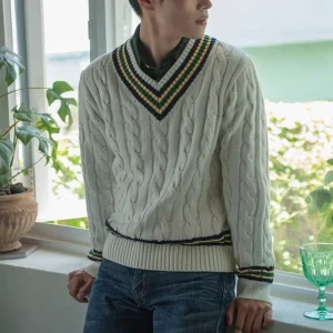 Men’s Varsity Cricket Jacquard Knitwear V Neck Cable Varsity Sweater