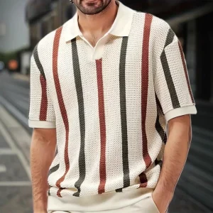 Men’s Vertical Striped Knit Polo Shirt Breathable Openwork Short Sleeve Casual Summer V-Neck Knitted Top