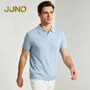Men’s Vertical Striped Knitted Polo Shirt V Neck Lapel Collar Short Sleeve Top Slim Fit Breathable Ribbed Knitwear Polo T Shirt